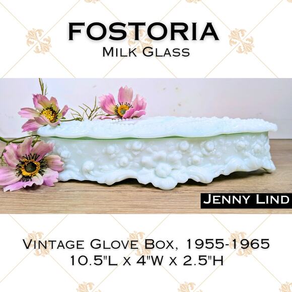 Fostoria 50s-60s White Milk Glass Jenny Lind Cameo Large Glove Dresser Box, Lid - Picture 1 of 12